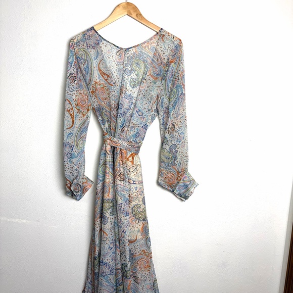 Paisley Maxi Dress blue cream sheer sz L flowy long sleeve whimsy feminine - Picture 11 of 13